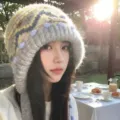 Fair Isle vintage knitted hat women winter warm earflap beanie stylish thick cold-proof cap - M (56-58cm) / Gray