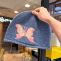 Retro butterfly embroidered rolled brim plush slouchy hat winter warm knit beanie - Adjustable / Blue