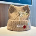 Sweet cute cat ear knitted hat autumn winter warm wool beanie with lace bow and buttons. - Adjustable / Khaki