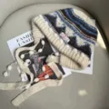 Fair Isle retro knitted earflap hat women autumn winter warm cozy pom pom beanie - M (56-58cm) / Off White