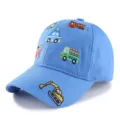 Cute kids baseball cap in light blue with fun embroidered cars and trucks, perfect for toddler boys. - One Size / Sky Blue