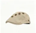 Beige cotton flat cap newsboy hat with four vintage brown buttons, casual worker beret. - Adjustable / Khaki