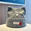 Sweet and cute cat ear knitted beanie for women, autumn and winter warm woolen hat with lace bow. - Adjustable / Gray