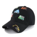 Kids black baseball cap with cute cartoon truck embroidery, adjustable toddler sun hat. - One Size / Black