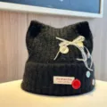 Sweet black cat ear knit hat with lace bow and buttons for cute autumn winter fashion styles. - Adjustable / Black