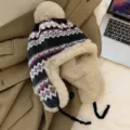 Accogliente cappello da aviatore invernale in maglia con paraorecchie in peluche e pompon. - M（56-58cm） / Nero