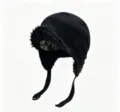 Black winter trapper hat with soft faux fur earflaps and adjustable chin strap for warm wear. - M (56-58cm) / Black
