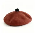 Brown wool beret with black white dotted pompom, cute winter painter hat for women. - M (56-58cm) / Coffee