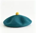 Teal Wool Beret Hat with Yellow Pom Pom Cute Painter Hat Winter Warm Solid Color Cap - M (56-58cm) / Lake Blue