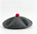 Grey wool beret hat with red pompom stylish winter warm fashion accessory for woman - M (56-58cm) / Gray