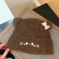 Cute cat ear knitted beanie for women autumn winter warm wool hat with bow and embroidery. - Adjustable / Brown