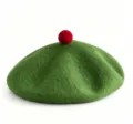 Green wool beret hat with a cute red pom pom on top, stylish and cozy winter accessory. - M (56-58cm) / Green