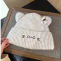 Cute cat ear knit beanie for women, autumn and winter warm woolen hat with bow and embroidery. - Adjustable / Beige