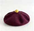 Classic wool beret featuring a cute yellow pom-pom accent, stylish winter warm hat for women. - M (56-58cm) / Burgundy