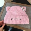 Pink knitted cat ear hat with cute cat face embroidery and polka dot bow for women autumn winter - Adjustable / Pink