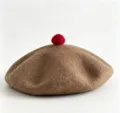 Brown Wool Beret with Red Pom Pom Cute Winter Hat for Women Daily Casual Fashion Wear - M (56-58cm) / Camel
