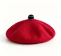 Red wool beret hat with black white striped pompom, classic painter cap for women daily wear. - M (56-58cm) / Red