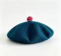 Dark blue wool beret with red white striped pom-pom, cozy winter fashion hat for women. - M (56-58cm) / Teal