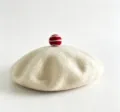 Off-white wool beret hat with red white striped pom-pom winter warm knit painter cap variant - M (56-58cm) / Beige