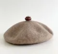 Classic wool beret hat with cute striped top ball, solid camel winter fashion warm cap. - M (56-58cm) / Light Coffee