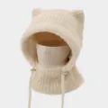 Beige knitted cat ear balaclava hat, winter windproof warm face mask and neck warmer. - M (56-58cm) / Khaki