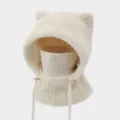 Winter warm knitted cat ear balaclava hat integrated scarf windproof face mask for outdoor. - M (56-58cm) / Cream