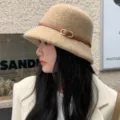 Stylish autumn winter wool bucket hat for women, elegant beige cloche hat with brown leather belt. - M (56-58cm) / Khaki