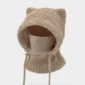 Beige cat ear knitted balaclava winter warm windproof face mask integrated hat for women. - M (56-58cm) / Camel