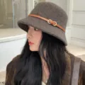 Brown felt bucket hat for women, elegant winter fashion hat with leather strap decoration. - M (56-58cm) / Brown Coffee