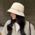 Chic women wool blend bucket hat, elegant autumn winter off-white dome cap with sleek leather belt. - M (56-58cm) / Off White
