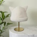 White fuzzy cat ear hat for women, cute winter warm plush pullover cap Korean style. - One Size / White