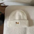 White knitted beanie hat with cute dachshund embroidery, soft warm winter pullover cap. - M (56-58cm) / White