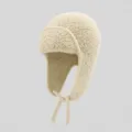 Beige fleece ushanka winter hat, thick warm bomber hat with earflaps and chin ties for cold weather. - M (56-58cm) / White