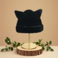 Fluffy black cat ear beanie hat for women, cute winter warm plush pullover cap fashion. - One Size / Black