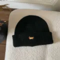 Black knit beanie with cute dog embroidery, high stretch warm winter hat for women. - M (56-58cm) / Black