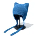 Cute blue sequin knit hat with cat ears and long ties, warm winter pullover hat. - M (56-58cm) / Blue