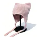 Pink Knitted Cat Ear Hat with Straps Autumn Winter Warm Cute Pullover Cap Variant - M (56-58cm) / Pink