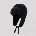 Black fleece ushanka hat winter warm thermal bomber hat windproof earflap skiing cap - M (56-58cm) / Black