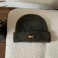 Dark grey ribbed knit beanie hat, cozy winter warm pullover cap featuring cute dog embroidery. - M (56-58cm) / Coffee