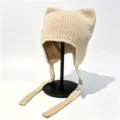 Bonnet en tricot beige avec oreilles de chat et lanières bonnet chaud d'hiver mignon - M (56-58cm) / Khaki