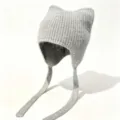 Gris mignon bonnet en tricot oreilles de chat avec lanières hiver chaud bonnet laineux - M (56-58cm) / Gris