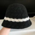 Chapeau seau en tricot noir et blanc, bonnet d'hiver chaud et décontracté pour femme style. - Réglable / Noir
