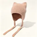 Bonnet tricoté rose avec oreillettes de chat et longs liens, bonnet chaud d'hiver mignon. - M (56-58cm) / Rose Orangé