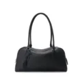 Black leather bowling bag for women, minimalist shoulder bag with long handles and top zip. - 34*12*16cm / Black