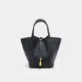 Black leather bucket bag for women, premium pebble leather handbag with gold lock and handles. - Small (18*13*19cm) / Black