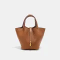 Brown genuine leather bucket bag for women, stylish commute handbag with top handle and lock detail. - Small (18*13*19cm) / Brown