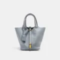 Light blue leather bucket bag women casual handbag classic tote shoulder bag daily commute - Small (18*13*19cm) / Linen Blue