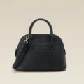 Black genuine leather dome handbag with crocodile embossing, top handles and shoulder strap. - Black