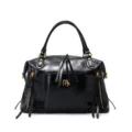 Black leather Boston bag for women, vintage bowling handbag, commuter motorcycle tote bag. - 35*16*22cm / Black