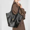 Black soft leather tote bag for women, large capacity cowhide shoulder bag, chic commute bucket bag. - Black
